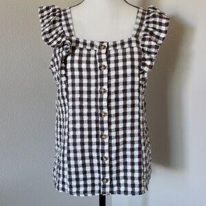 Gray & White Checkerd Button Front Ruffle Detail Tank Top